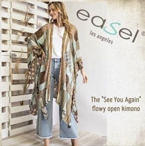 Easel See You Again Patchwork Print Long Kimono Cardigan Sz S